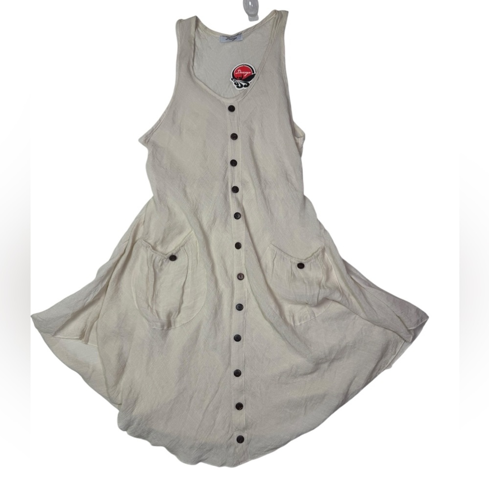 Dasayo Sleeveless Button-Front Linen‎ Blend Dress with Pockets –med , Cream